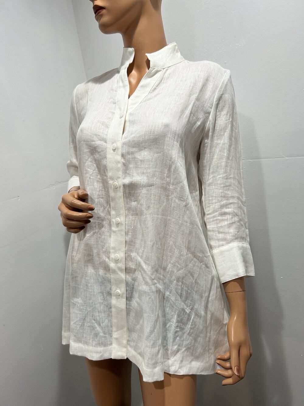 The Sara Compabell Linen Tunic White Blouse XS Beach Relaxed 3/4 Sleeve